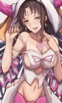  1girl :d armpits bare_shoulders black_hair blush breasts cleavage detached_sleeves facial_mark fate/extra fate/extra_ccc fate_(series) forehead_mark groin highres horns large_breasts long_hair looking_at_viewer navel open_mouth pink_ribbon pulled_by_self revealing_clothes ribbon sesshouin_kiara sideboob smile solo stomach strap_pull upper_body veil yellow_eyes yuzu_(masami) 