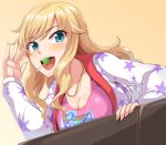  1girl blonde_hair blue_eyes blush breast_rest breasts candy cleavage dan_(orange_train) food idolmaster idolmaster_cinderella_girls jewelry large_breasts lollipop long_hair looking_at_viewer necklace ootsuki_yui open_mouth smile star 