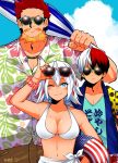  1girl 2boys ;) american_flag beach bikini blue_sky boku_no_hero_academia breasts brother_and_sister cleavage clouds collarbone collared_shirt commentary_request day facial_hair family father_and_daughter father_and_son fire floral_print flower goatee highres innertube looking_at_viewer maririn_4645 medium_breasts multicolored_hair multiple_boys mustache nail_polish navel one_eye_closed open_clothes pants redhead shirt siblings sideburns sky smile sunglasses sunglasses_on_head swimsuit todoroki_enji todoroki_fuyumi todoroki_shouto towel_around_waist two-tone_hair umbrella white_bikini_top white_hair 
