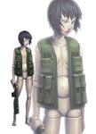  1girl android black_hair blue_eyes cyberpunk cyborg doll_joints ghost_in_the_shell ghost_in_the_shell:_innocence glowing glowing_eyes gun ikegami_noroshi kusanagi_motoko lips realistic shotgun solo spoilers vest weapon 
