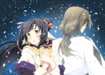  1boy 1girl black_hair hair_ribbon japanese_clothes kobayashi_shinpei kuon_(utawareru_mono) long_hair mask petals ponytail ribbon utawareru_mono:_itsuwari_no_kamen yellow_eyes 