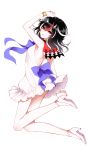  1girl absurdres black_hair blue_ribbon bracelet dress eyebrows_visible_through_hair hair_between_eyes high_heels highres horns jewelry kijin_seija multicolored_hair red_eyes redhead ribbon sheya shoes short_hair simple_background smile solo streaked_hair tongue tongue_out touhou white_background white_dress white_hair white_shoes 