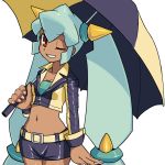  1girl ;d aqua_hair aqua_shirt bangs belt black_shorts breasts cleavage cowboy_shot cropped_jacket dark_skin eyebrows_visible_through_hair groin holding holding_umbrella long_hair long_sleeves looking_at_viewer midriff muramasa-sushi navel one_eye_closed open_mouth racequeen red_eyes rockman rockman_dash shirt short_shorts shorts sidelocks simple_background small_breasts smile solo standing teeth twintails umbrella very_long_hair white_background yellow_belt yuna_(rockman_dash) zipper 