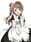 1girl :d apron bangs black_ribbon brown_hair cafe_maid clenched_hands dated dress frilled_apron frills highres long_hair looking_at_viewer love_live! love_live!_school_idol_project maid_headdress minami_kotori neck_ribbon one_side_up open_mouth ribbon short_sleeves signature simple_background smile solo takeya_yuuki white_background wonder_zone yellow_eyes 