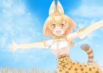  1girl animal_ears artist_request blonde_hair blue_sky breasts clouds day detached_sleeves inukoro_(spa) kemono_friends looking_at_viewer medium_breasts neck_ribbon open_mouth outstretched_arms ribbon serval_(kemono_friends) serval_ears serval_print serval_tail short_hair skirt sky smile solo tail yellow_eyes 