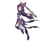  10s 1girl ahoge arm_up boots breasts crop_top floating_hair from_side full_body hairband high_heel_boots high_heels holding holding_sword holding_weapon long_hair looking_at_viewer one_eye_closed open_mouth pointy_ears purple_boots purple_hair purple_shorts red_eyes red_hairband short_shorts shorts simple_background small_breasts solo sword sword_art_online very_long_hair weapon white_background yuuki_(sao) 