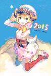  1girl 2015 artist_name blonde_hair blue_eyes blue_legwear blush fuji_choko garter_straps happy_new_year hat highres horns kneeling new_year open_mouth original red_legwear sandals smile solo star teeth white_hat year_of_the_ram 