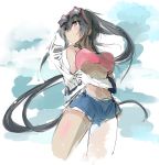  1girl adjusting_clothes adjusting_gloves alternate_costume black_hair breasts commentary_request denim denim_shorts from_below glove_pull gloves highres kantai_collection large_breasts long_hair looking_afar nao_(qqqbb) ponytail red_eyes shorts sidelocks simple_background sketch solo sunglasses under_boob very_long_hair violet_eyes white_background white_gloves yahagi_(kantai_collection) 