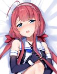  1girl ahoge blue_eyes elbow_gloves fingerless_gloves gloves hair_ribbon hairband kantai_collection kawakaze_(kantai_collection) long_hair looking_at_viewer lying on_back open_mouth orihi_chihiro redhead ribbon school_uniform solo steam twintails 