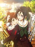  2girls :d ;d bangs black_hair blue_eyes blurry bow brown_eyes brown_hair brown_serafuku building collarbone cover cowboy_shot depth_of_field downscaled dvd_cover euphonium evening female glasses green_bow green_neckerchief green_ribbon hair_between_eyes hand_on_another&#039;s_head happy head_hug hibike!_euphonium high_resolution highres holding_instrument hug ikeda_shouko instrument kyoto_animation lens_flare long_hair long_sleeves looking_at_another md5_mismatch multiple_girls mutual_yuri neck neck_ribbon neckerchief official_art one_eye_closed open_mouth oumae_kumiko outdoors pleated_skirt ponytail red-framed_eyewear red-framed_glasses red_neckerchief resized ribbon sailor_collar school_uniform semi-rimless_glasses serafuku short_hair skirt smile stairs standing sunlight tanaka_asuka tied_hair tree white_sailor_collar wince yellow_eyes yuri 