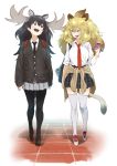  2girls :d animal_ears antlers arabian_oryx_(kemono_friends) aurochs_(kemono_friends) bag black_hair black_legwear blonde_hair breasts brown_eyes cardigan cardigan_around_waist cellphone commentary contemporary eyebrows_visible_through_hair flipped_hair full_body hair_between_eyes kemono_friends large_breasts lion_(kemono_friends) loafers long_hair moose_(kemono_friends) multiple_girls necktie open_mouth pantyhose phone pija_(pianiishimo) plaid plaid_skirt pleated_skirt school_bag school_uniform shoes shoulder_bag skirt sleeves_past_wrists sleeves_rolled_up smartphone smile sneakers tail thigh-highs walking white_legwear zettai_ryouiki 