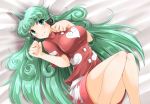  1girl bangs blush breasts cloud_print collarbone commentary_request curly_hair g_(desukingu) green_eyes green_hair horn knees_together_feet_apart komano_aunn large_breasts long_hair looking_at_viewer lying on_back paw_pose print_shirt shirt short_sleeves shorts smile solo thick_eyebrows touhou very_long_hair 