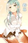  1girl aqua_eyes aqua_hair breasts character_name commentary_request green_eyes green_hair hair_ornament hairclip kantai_collection large_breasts long_hair shijima_(sjmr02) sitting skirt smile solo suzuya_(kantai_collection) thigh-highs translated twitter_username zettai_ryouiki 