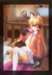  1girl animal_ears black_gloves blazer blonde_hair blurry border bow brown_eyes brown_hair closed_mouth depth_of_field eating eyebrows_visible_through_hair ezo_red_fox_(kemono_friends) food fox_ears fox_tail fur_trim gloves hair_between_eyes handheld_game_console holding jacket japari_bun japari_symbol kemono_friends long_hair long_sleeves looking_away lying multicolored_hair navel necktie number on_back on_bed open_blazer open_clothes open_jacket open_shirt partially_unbuttoned playstation_vita pleated_skirt recording rokuroku_(xd_p) shirt skirt solo squiggle tail two-tone_hair very_long_hair viewfinder white_bow white_skirt yellow_necktie 