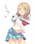  1girl arms_behind_back ayase_arisa blonde_hair blue_eyes blue_skirt blush breasts commentary_request hair_ornament hairclip love_live! love_live!_school_idol_project medium_breasts navel neckerchief open_mouth pleated_skirt red_neckerchief school_uniform serafuku short_hair simple_background skirt solo white_background yoo_(tabi_no_shiori) 