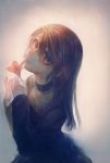  1girl backlighting biting blurry brown_eyes brown_hair choker dress faux_traditional_media flower grin holding holding_flower long_hair looking_at_viewer looking_to_the_side muted_color namihaya original simple_background sketch smile solo upper_body 