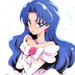  1girl alternate_hairstyle bare_shoulders blue_eyes blue_hair blurry blush crossed_arms earrings elbow_gloves gloves hair_down heart heart_earrings jewelry kirakira_precure_a_la_mode long_hair looking_at_viewer nakahira_guy necklace precure simple_background solo tategami_aoi white_background white_gloves 