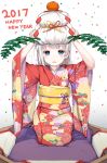  1girl 2017 absurdres blue_eyes blush commentary_request floral_print food food_on_head fruit furisode happy_new_year highres japanese_clothes katoroku kimono kneeling long_hair looking_at_viewer mandarin_orange new_year obi object_on_head original parted_lips pillow red_kimono sash shide smile solo white_background white_hair 