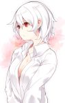  1girl albino bangs breasts cleavage closed_mouth collarbone dress_shirt eyebrows_visible_through_hair from_side hair_between_eyes large_breasts looking_to_the_side naked_shirt original red_eyes shirt short_hair solo tsunekichi tsurime upper_body wavy_hair white_hair white_shirt 
