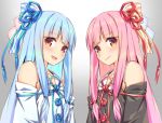  2girls bare_shoulders blue_bow blue_hair blush bow detached_sleeves eyebrows_visible_through_hair hair_bow kotonoha_akane kotonoha_aoi looking_at_viewer mikazuchi_zeus multiple_girls open_mouth pink_bow pink_hair red_eyes smile voiceroid 