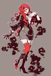  1girl black_nails boots borrowed_character breasts cleavage dress fingernails gloves high_heels highres long_hair nail_polish original pale_skin poch4n red_legwear redhead sharp_fingernails skull smile smoke teeth 