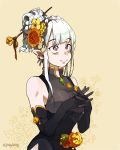  1girl absurdres bangsutur bare_shoulders beige_background black_gloves breasts closed_mouth dress earrings elbow_gloves elf emilia_(re:zero) floral_background flower gloves hair_flower hair_ornament hair_up hairpin highres jewelry looking_away medium_breasts pointy_ears re:zero_kara_hajimeru_isekai_seikatsu silver_hair sleeveless sleeveless_dress smile solo steepled_fingers violet_eyes 