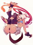  1girl animal_ears ass barefoot bell blue_eyes bob_cut breasts cat_ears cat_tail highres legs_up ms._fortune_(skullgirls) poch4n pouch scar signature skullgirls smile sweater tail teeth under_boob v white_background 