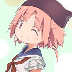  1girl ;) animal_hat black_hat blush cat_hat eyebrows_visible_through_hair gakkou_gurashi! hat looking_at_viewer okayparium one_eye_closed pink_eyes pink_hair red_ribbon ribbon school_uniform short_hair short_sleeves smile solo takeya_yuki upper_body 