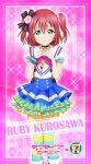  1girl 2016 7-eleven absurdres blue_skirt character_name choker collarbone copyright_name earrings flower frilled_skirt frills green_eyes hair_between_eyes hair_flower hair_ornament hair_ribbon hands_together highres jewelry kurosawa_ruby layered_skirt long_hair looking_at_viewer love_live! love_live!_sunshine!! miniskirt official_art pink_flower redhead ribbon skirt solo standing striped striped_legwear striped_ribbon thigh-highs two_side_up wrist_cuffs 