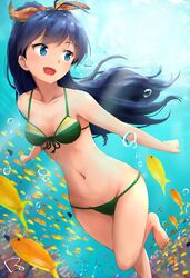  1girl :d air_bubble antenna_hair barefoot bikini black_hair blue_eyes bow coral fang fish freediving front-tie_bikini front-tie_top ganaha_hibiki green_bikini groin hair_bow highres idolmaster long_hair looking_away looking_to_the_side lowleg lowleg_bikini navel ocean open_mouth raidensan smile solo swimming swimsuit underwater 