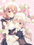  2girls ;) apron aqua_eyes bangs black_bow blonde_hair blush bow breasts brown_hair dress hair_bow headdress highres hiiragi_mayuki hinako_note hug long_hair looking_at_viewer maid maid_apron maid_headdress march-bunny medium_breasts multiple_girls one_eye_closed open_mouth original sakuragi_hinako short_hair smile 