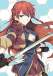  1girl artist_name blue_eyes blush braid breasts cleavage cleavage_cutout earrings gloves highres jewelry long_hair looking_at_viewer medium_breasts nikame re:creators redhead selesia_upitiria signature smile solo standing sword twin_braids weapon 