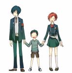  1girl 2boys blue_hair female_protagonist_(persona_3) hair_ornament hairclip hand_holding machiko_(umu) multiple_boys persona persona_3 persona_3_portable pharos redhead ribbon school_uniform shorts smile yuuki_makoto 