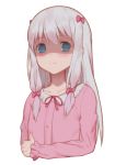  1girl blue_eyes blue_hair blush bow closed_mouth collarbone commentary_request empty_eyes eromanga_sensei eyebrows_visible_through_hair frilled_sleeves frills frown hair_between_eyes hair_bow izumi_sagiri long_hair long_sleeves looking_at_viewer pink_bow pink_pajamas shaded_face simple_background sleeves_past_wrists solo upper_body white_background xnm 