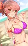  1girl beach bikini blush bracelet breasts brown_eyes cleavage commentary_request day eyebrows_visible_through_hair eyelashes fang flower_bracelet hand_on_own_chest highres idolmaster idolmaster_cinderella_girls jewelry jougasaki_mika kneeling large_breasts long_hair looking_at_viewer multi-strapped_bikini nail_polish navel necklace open_mouth outdoors pendant pink_hair pink_nails polka_dot ponytail purple_bikini scrunchie shade sidelocks signature solo striped striped_scrunchie swimsuit wet yang-do yellow_eyes 