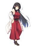  1girl ahoge bekotarou black_hair breasts detached_sleeves hand_on_hip japanese_clothes looking_at_viewer medium_breasts miko nontraditional_miko red_eyes sendai_hakurei_no_miko simple_background smile solo standing touhou white_background wide_sleeves 