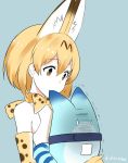  1girl animal_ears biting bow bowtie elbow_gloves gloves holding_another_in_hands kemono_friends leewh1515 looking_at_another looking_down lucky_beast_(kemono_friends) orange_bow orange_bowtie orange_eyes orange_gloves orange_hair serval_(kemono_friends) serval_ears short_hair 