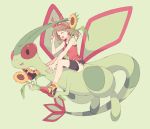  1girl ^_^ bow brown_hair closed_eyes flower flygon hair_bow haruka_(pokemon) haruka_(pokemon)_(remake) komasawa_(fmn-ppp) open_mouth pokemon pokemon_(creature) pokemon_(game) pokemon_oras riding shorts smile sunflower 