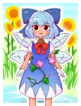  1girl black_eyes blue_dress blue_hair bow bowtie cirno commentary_request dress flower hair_bow highres ice ice_wings open_mouth perfectfreeze short_hair solo standing sunflower tan touhou wings 