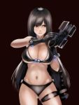  1girl bangs bikini black_bikini black_gloves black_hair breasts cleavage closed_mouth cowboy_shot deadball_iwata gantz gloves gun handgun highres holding holding_gun holding_weapon large_breasts long_hair looking_away navel red_eyes serious shimohira_reika solo stomach swimsuit very_long_hair weapon 