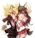  2girls absurdres animal_ears antlers black_hair black_legwear blonde_hair brown_eyes cosplay costume_switch fur_collar hand_holding highres kemono_friends kolshica lion_(kemono_friends) lion_ears lion_tail long_hair long_sleeves looking_at_viewer moose_(kemono_friends) moose_ears moose_tail multiple_girls necktie pantyhose pleated_skirt school_uniform simple_background skirt tail thigh-highs white_background yellow_eyes zettai_ryouiki 