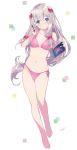  1girl barefoot bikini blue_eyes bow drawing_tablet eromanga_sensei eyebrows_visible_through_hair full_body hair_bow izumi_sagiri long_hair looking_at_viewer low-tied_long_hair min-naraken navel pink_bikini pink_bow side-tie_bikini silver_hair solo stylus swimsuit 