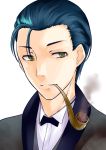  1boy blue_hair bow bowtie fate/grand_order fate_(series) green_eyes highres male_focus pipe pipe_in_mouth portrait sherlock_holmes_(fate/grand_order) simple_background smoking solo sorataro teeth white_background 