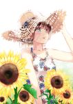  1girl :o arm_up bare_arms bare_shoulders blue_eyes blue_ribbon blush bob_cut breasts brown_hair dress floral_print flower hand_on_headwear hat hat_ribbon looking_afar looking_up niii_(memstapak) original print_dress ribbon short_hair simple_background sleeveless sleeveless_dress solo straw_hat sunflower sunlight tareme upper_body white_background white_dress 