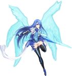  1girl blue_eyes blue_hair boots covered_navel energy_blade full_body hairband holding holding_weapon long_hair multiple_wings smile solo thigh-highs thigh_boots transparent_background weapon wings 