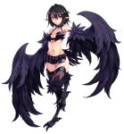  1girl armpits belt black_hair black_harpy black_wings blush breasts choker collar collarbone earrings feathered_wings feathers full_body fur groin harpy highres jewelry kenkou_cross looking_at_viewer miniskirt monster_girl monster_girl_encyclopedia navel pencil_skirt pointy_ears red_eyes revision short_hair side_slit skirt small_breasts solo standing standing_on_one_leg thigh-highs wings 