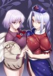  2girls asymmetrical_docking blush braid breast_press breasts character_request commentary_request constellation dress hand_holding hat jacket jonylaser kishin_sagume large_breasts lavender_hair long_hair looking_at_viewer multiple_girls nurse_cap red_eyes short_hair silver_hair smile smug symmetrical_docking touhou yagokoro_eirin yellow_eyes 