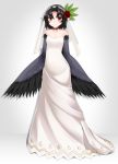  1girl bare_shoulders black_choker black_hair black_wings blush breasts bridal_veil bride choker collarbone crow_tengu detached_sleeves dress feathered_wings flower full_body fur_trim hair_flower hair_intakes hair_ornament harpy highres kaafi leaf_hair_ornament long_dress looking_at_viewer monster_girl monster_girl_encyclopedia pointy_ears red_eyes short_hair simple_background small_breasts solo strapless strapless_dress veil wedding_dress white_dress winged_arms wings 