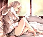  1girl ass bangs bare_legs barefoot black_bra black_eyes black_panties blonde_hair bra braid breasts fate/apocrypha fate_(series) from_side long_hair long_sleeves looking_at_viewer looking_to_the_side medium_breasts on_bed open_clothes open_shirt panties ruler_(fate/apocrypha) shirt single_braid solo sunlight underwear venomrobo very_long_hair white_shirt 