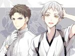  2boys alternate_hair_length alternate_hairstyle brown_hair gloves heshikiri_hasebe japanese_clothes kuroemon male_focus multiple_boys open_mouth short_hair smile touken_ranbu tsurumaru_kuninaga violet_eyes white_gloves white_hair yellow_eyes 